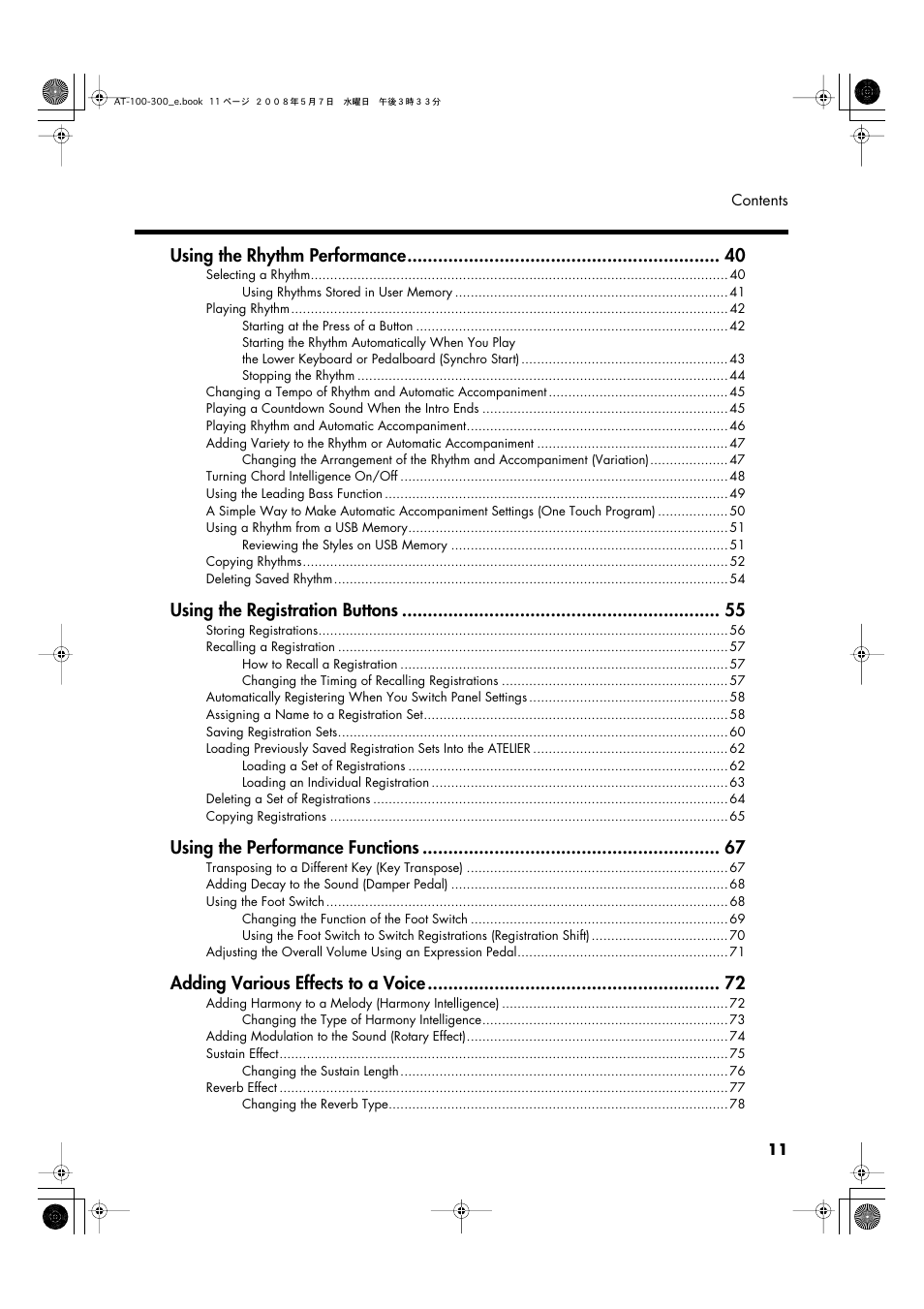 Using the rhythm performance, Using the registration buttons, Using the performance functions | Adding various effects to a voice | Roland ATELIER AT-300 User Manual | Page 13 / 148