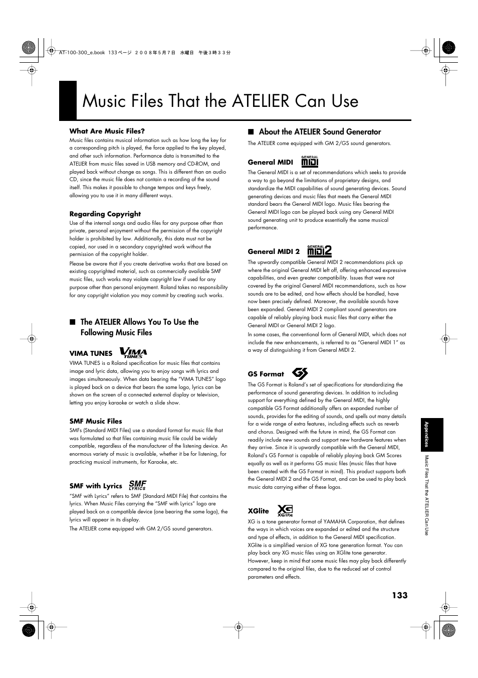 Music files that the atelier can use, About the atelier sound generator | Roland ATELIER AT-300 User Manual | Page 135 / 148