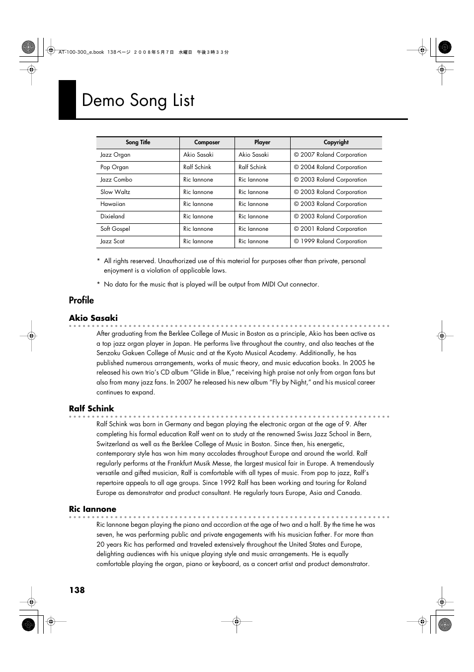 Demo song list, Profile | Roland ATELIER AT-300 User Manual | Page 140 / 148