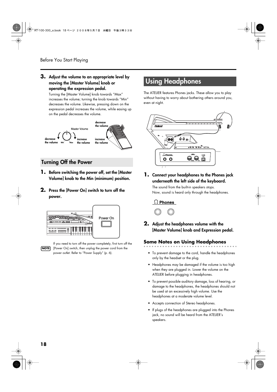 Turning off the power, Using headphones, P. 18) | Roland ATELIER AT-300 User Manual | Page 20 / 148