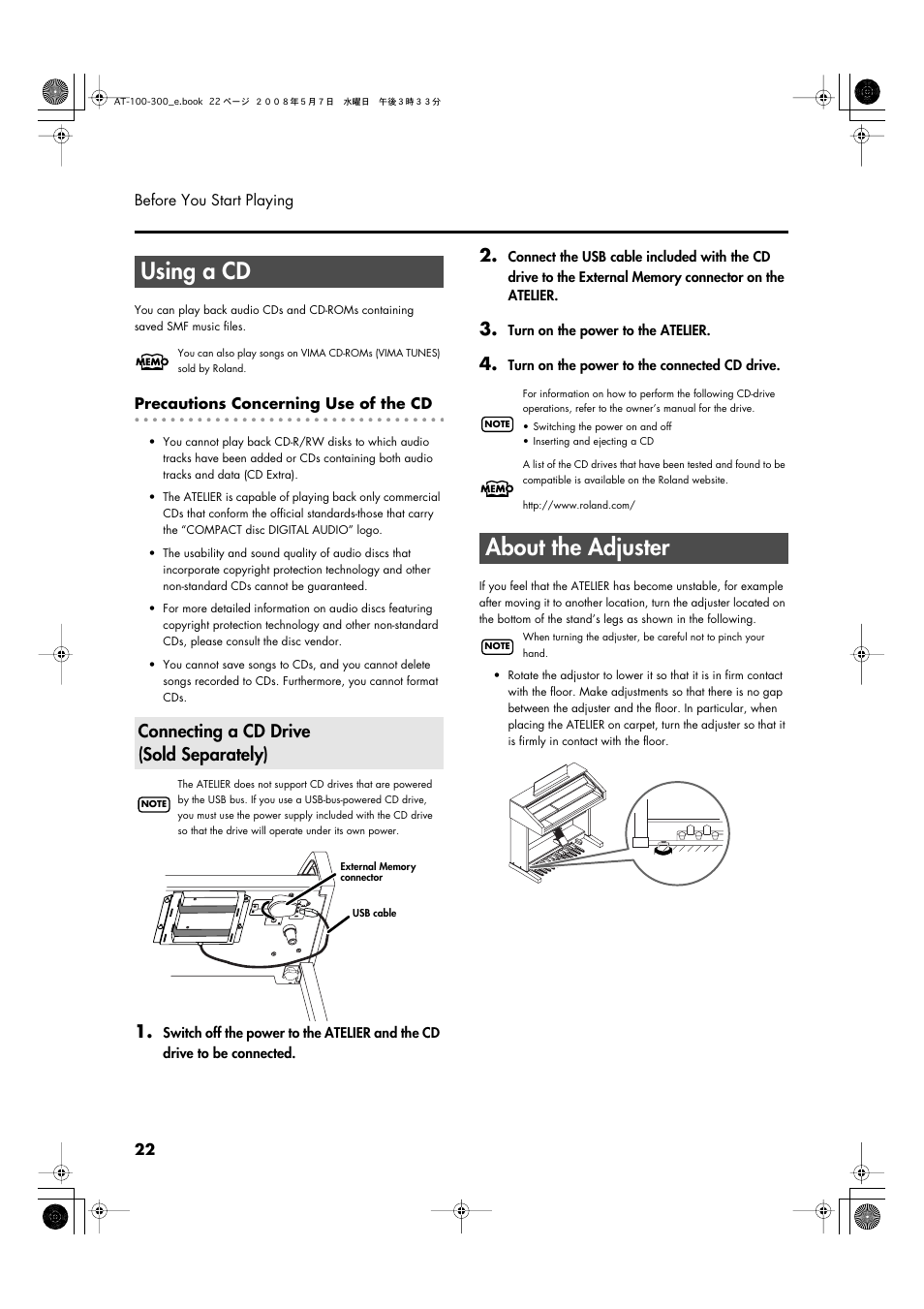 Using a cd, Connecting a cd drive (sold separately), About the adjuster | Roland ATELIER AT-300 User Manual | Page 24 / 148