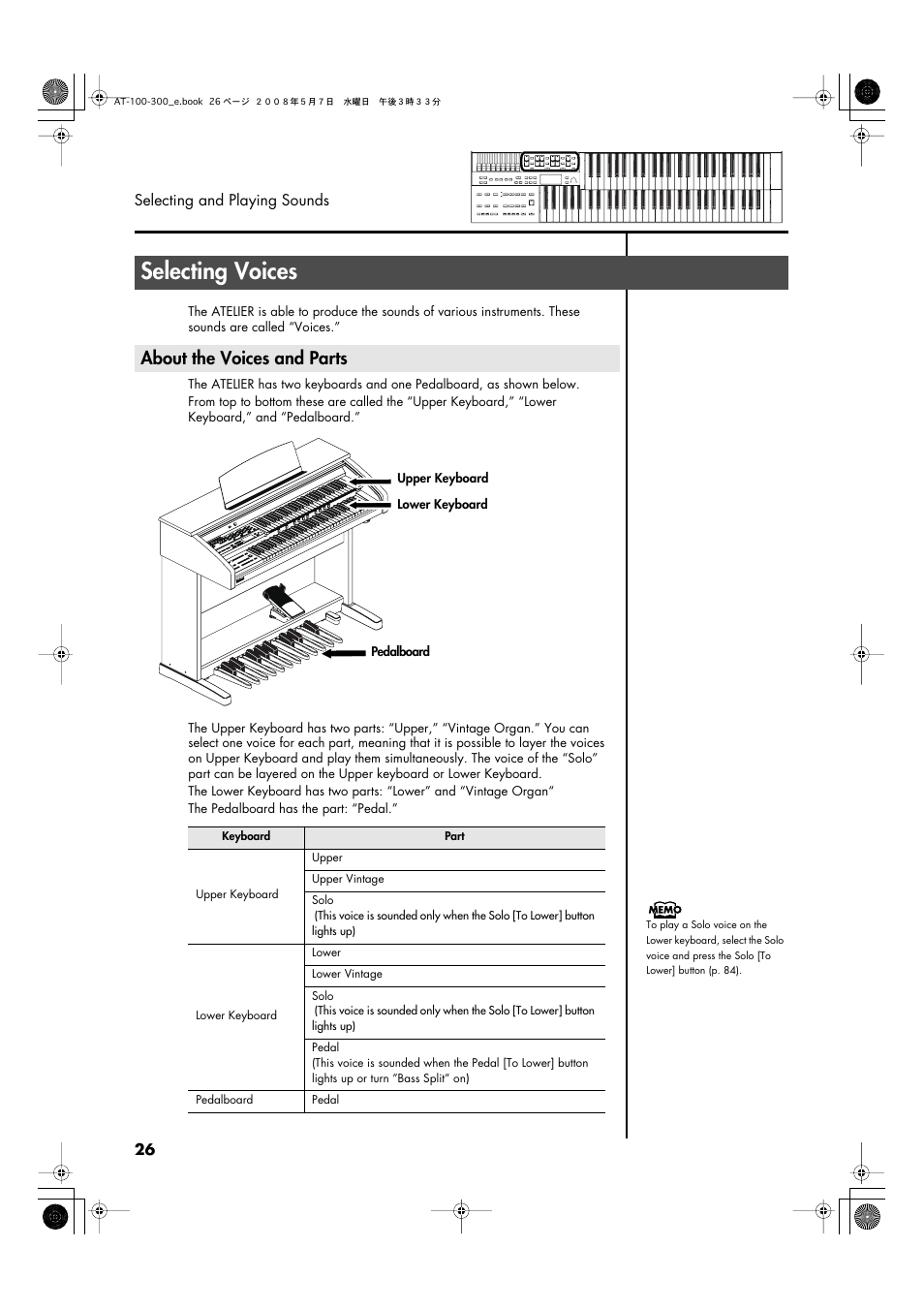 Selecting voices, About the voices and parts | Roland ATELIER AT-300 User Manual | Page 28 / 148