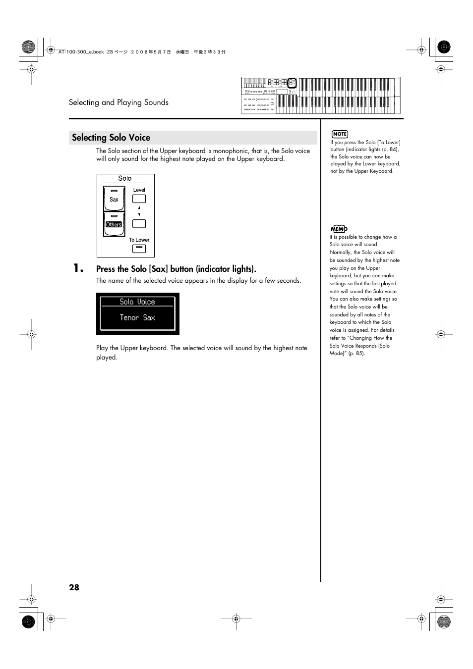 Selecting solo voice, P. 28), Press the solo [sax] button (indicator lights) | Roland ATELIER AT-300 User Manual | Page 30 / 148