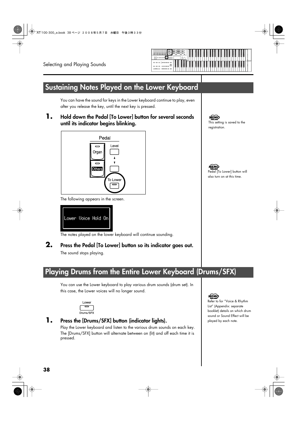 Sustaining notes played on the lower keyboard, P. 38) | Roland ATELIER AT-300 User Manual | Page 40 / 148