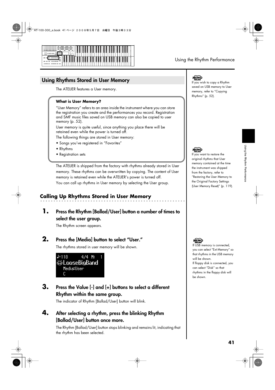 Using rhythms stored in user memory | Roland ATELIER AT-300 User Manual | Page 43 / 148