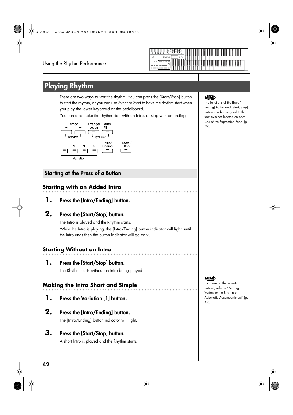 Playing rhythm, Starting at the press of a button, P. 42) | Roland ATELIER AT-300 User Manual | Page 44 / 148