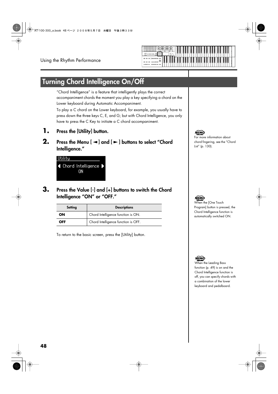 Turning chord intelligence on/off | Roland ATELIER AT-300 User Manual | Page 50 / 148