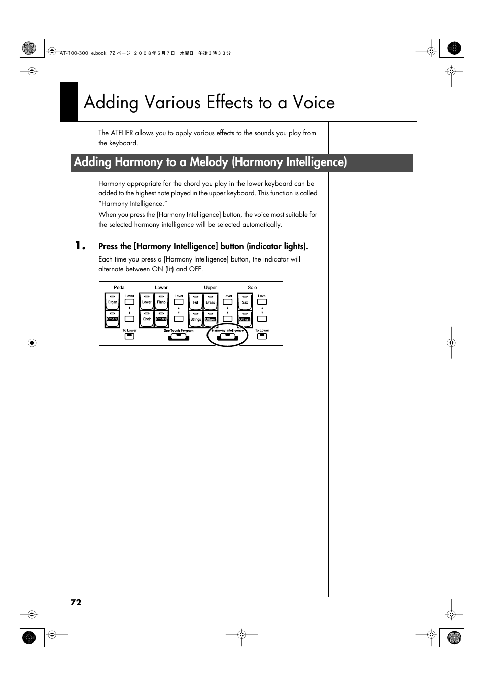 Adding various effects to a voice, Adding harmony to a melody (harmony intelligence), P. 72 ) | Roland ATELIER AT-300 User Manual | Page 74 / 148