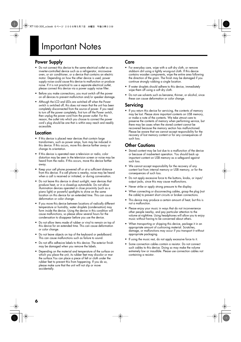 Important notes, Power supply, Location | Care, Servicing, Other cautions | Roland ATELIER AT-300 User Manual | Page 8 / 148