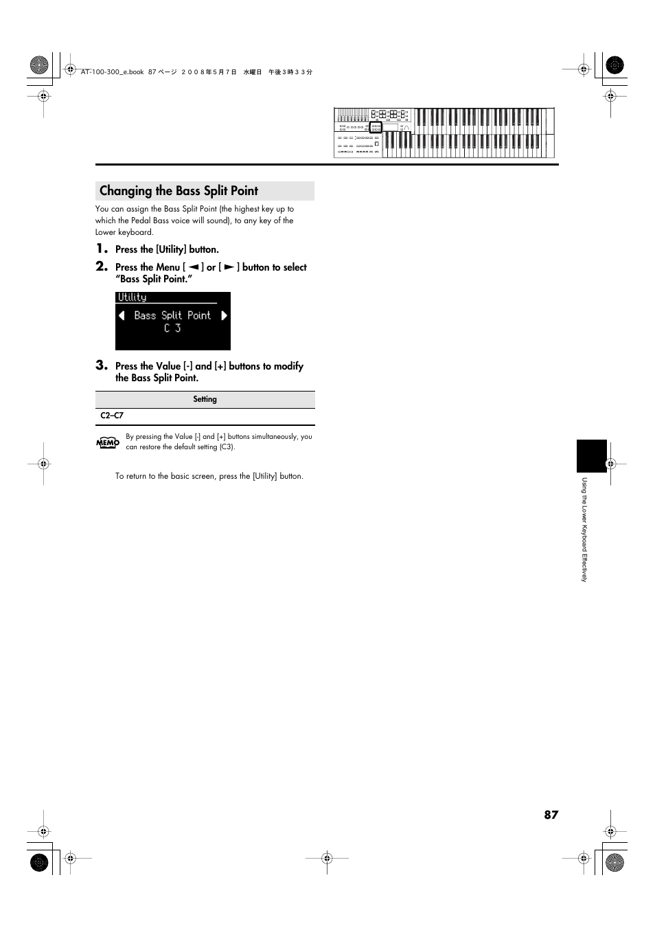 Changing the bass split point | Roland ATELIER AT-300 User Manual | Page 89 / 148