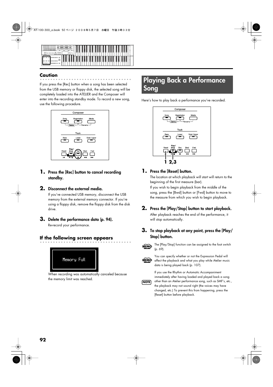 Playing back a performance song | Roland ATELIER AT-300 User Manual | Page 94 / 148