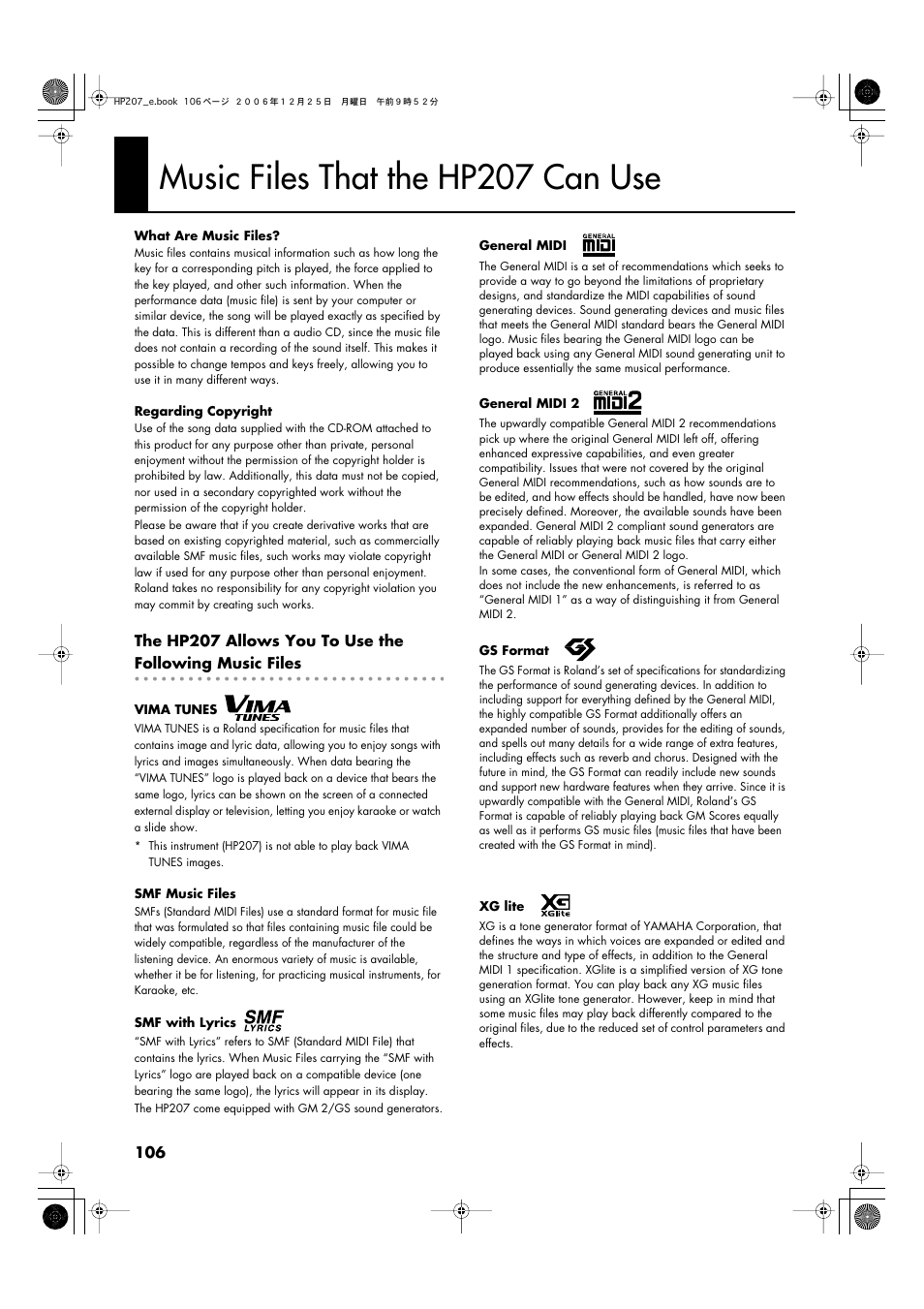 Music files that the hp207 can use | Roland HP-207 User Manual | Page 108 / 120