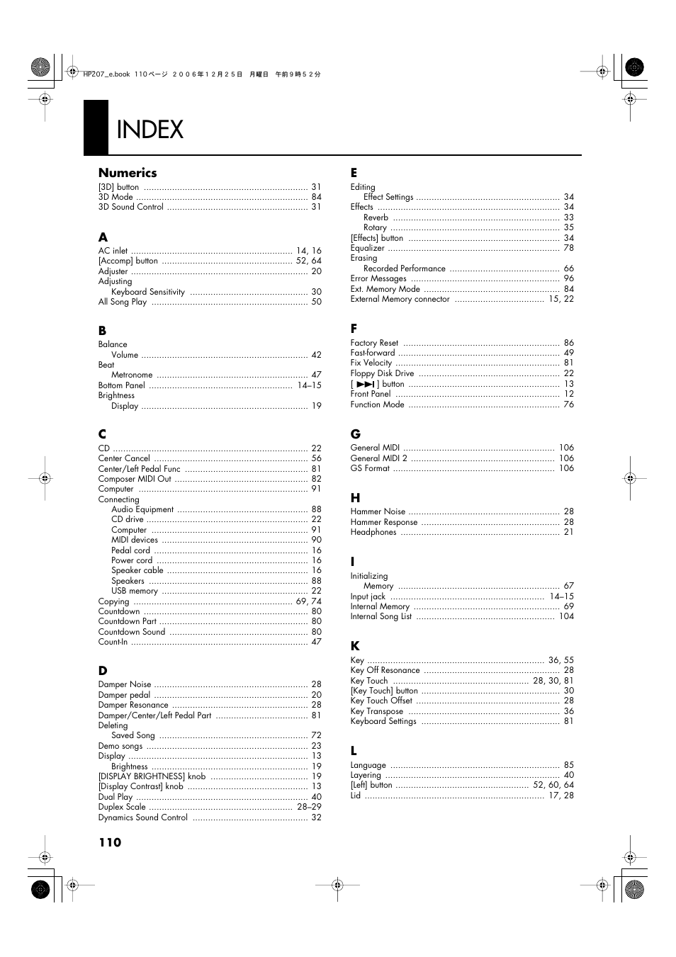 Index | Roland HP-207 User Manual | Page 112 / 120