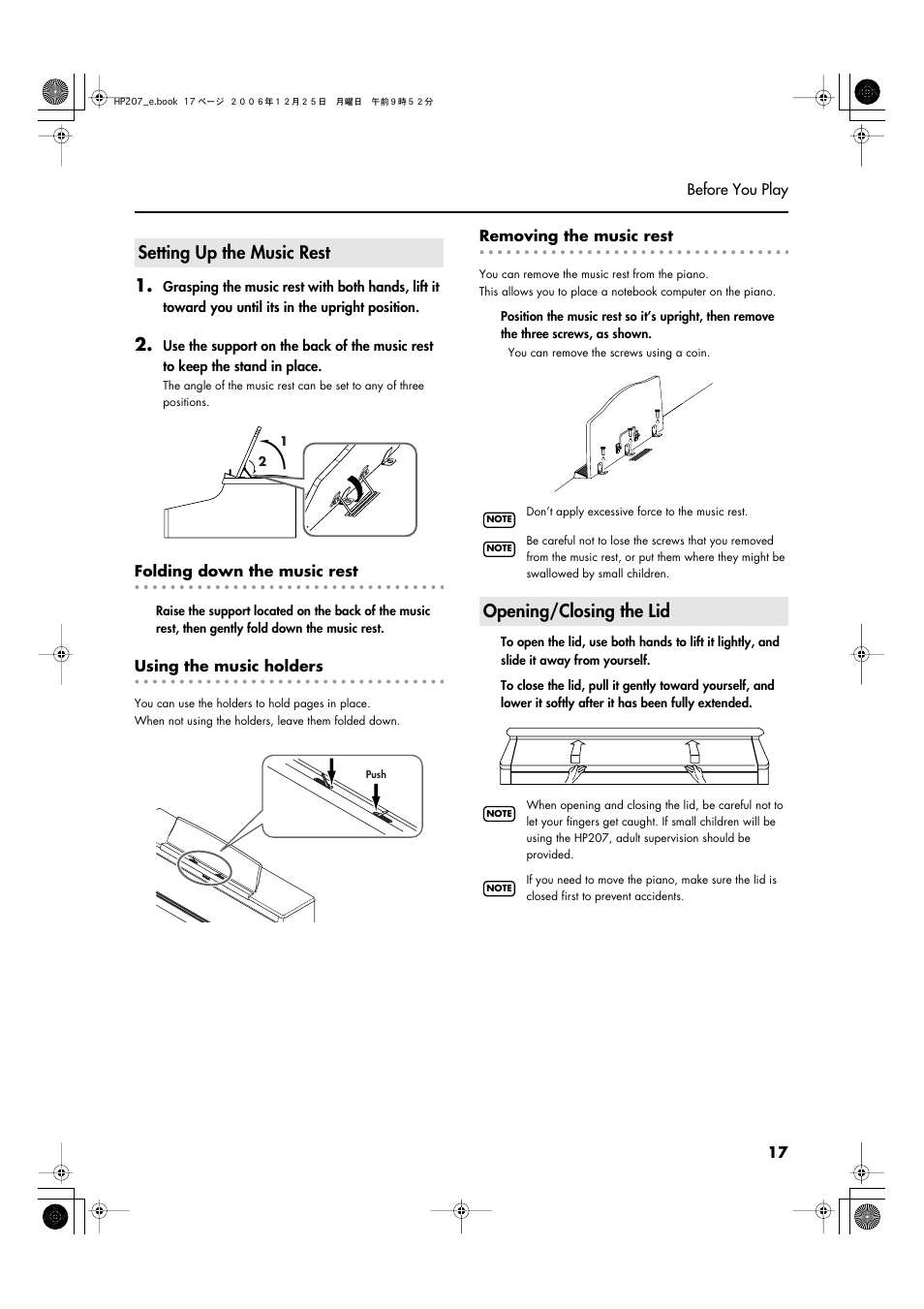 Setting up the music rest, Opening/closing the lid, Setting up the music rest opening/closing the lid | Roland HP-207 User Manual | Page 19 / 120