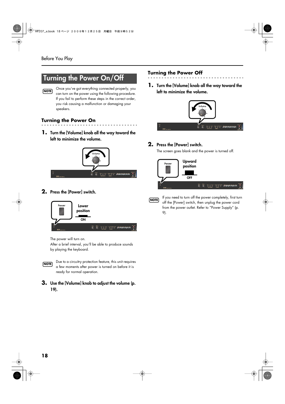 Turning the power on/off, Turns the power on/off (p. 18) | Roland HP-207 User Manual | Page 20 / 120