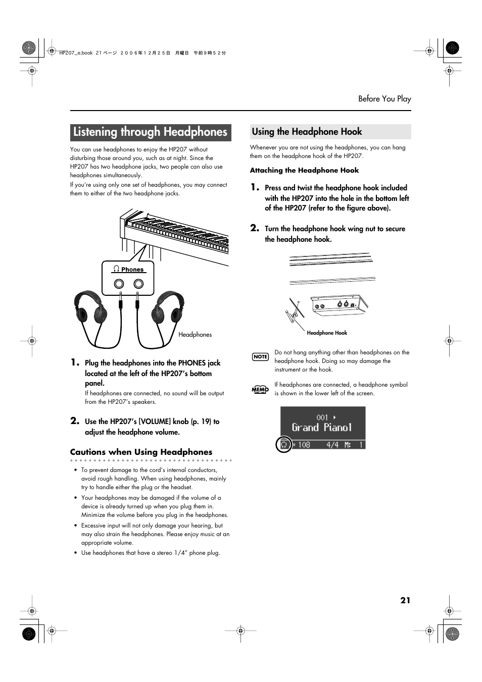 Listening through headphones, Using the headphone hook, Headphone volume (p. 21) | Use two sets of headphones simultaneously (p. 21) | Roland HP-207 User Manual | Page 23 / 120