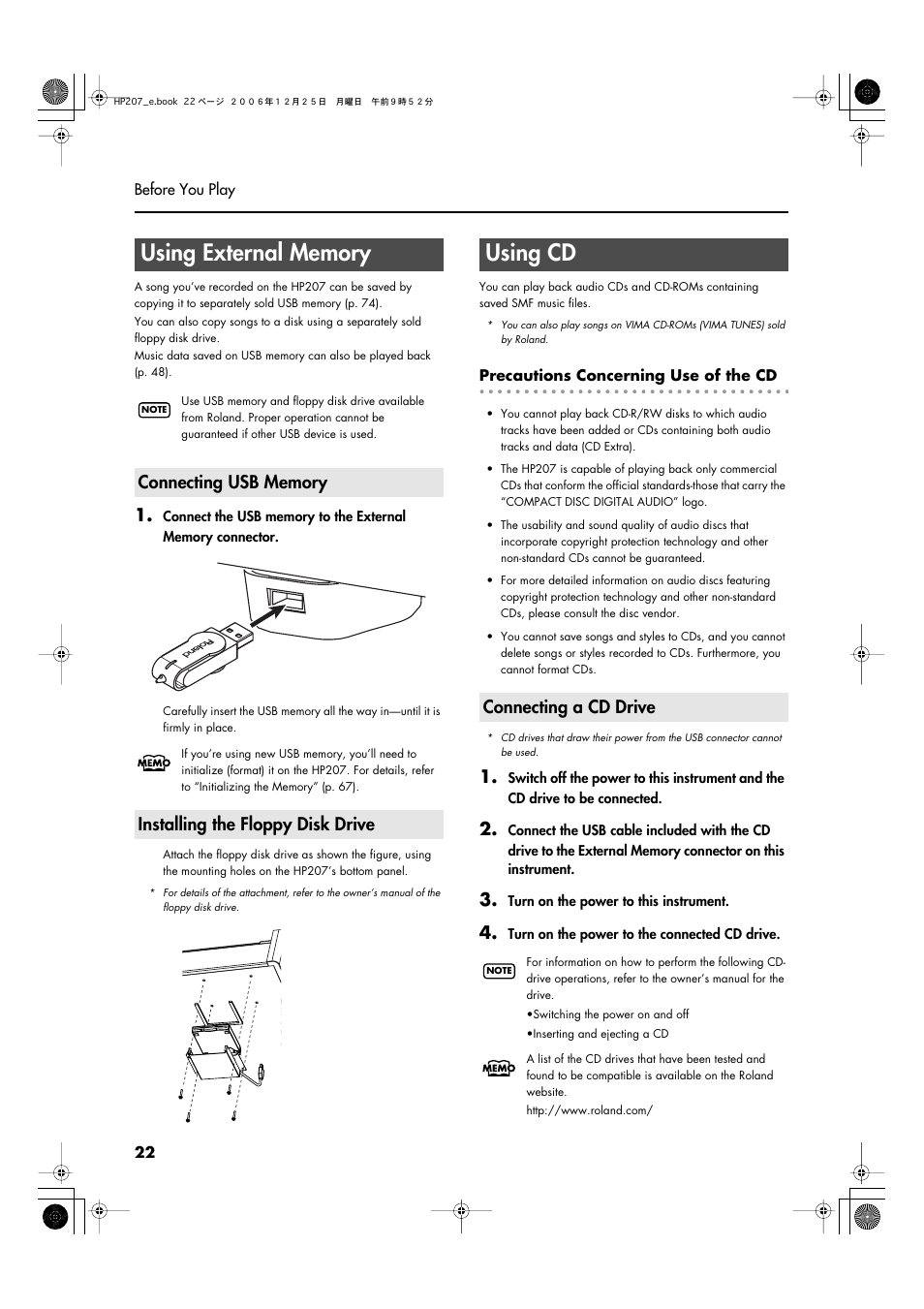 Using external memory, Connecting usb memory, Installing the floppy disk drive | Using cd, Connecting a cd drive | Roland HP-207 User Manual | Page 24 / 120
