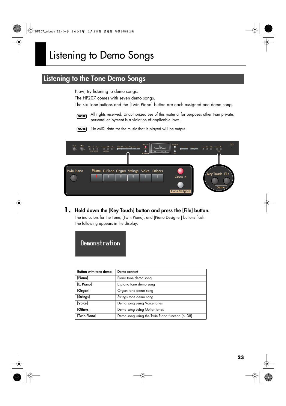 Listening to demo songs, Listening to the tone demo songs, Button and pressing the [file] button (p. 23) | Roland HP-207 User Manual | Page 25 / 120