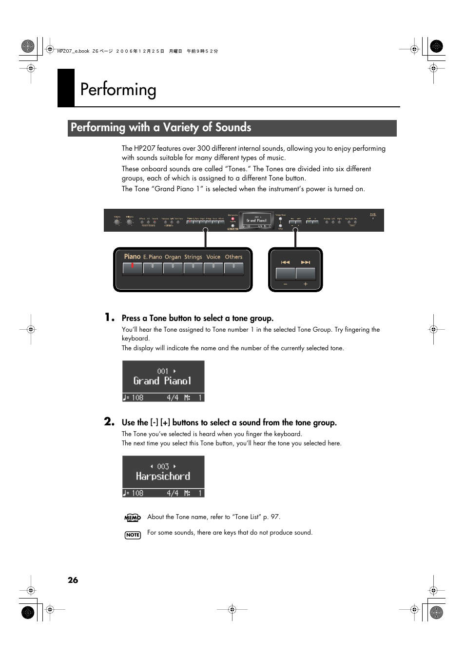Performing, Performing with a variety of sounds, The keyboard (p. 26) | Playing on the keyboard (p. 26) | Roland HP-207 User Manual | Page 28 / 120