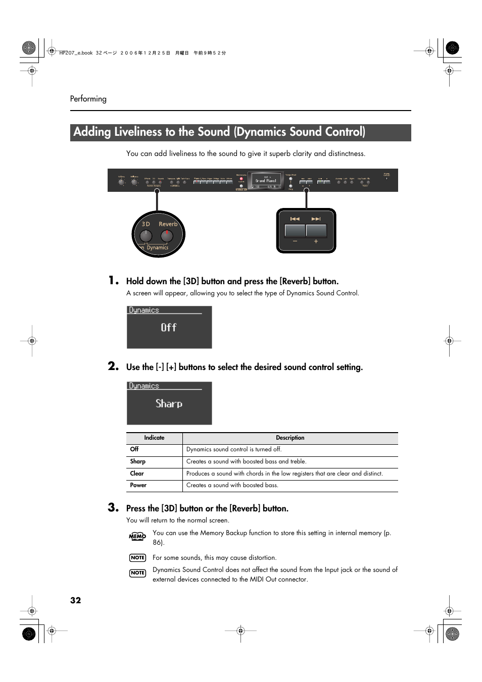 More expressive (p. 32), Press the [3d] button or the [reverb] button | Roland HP-207 User Manual | Page 34 / 120