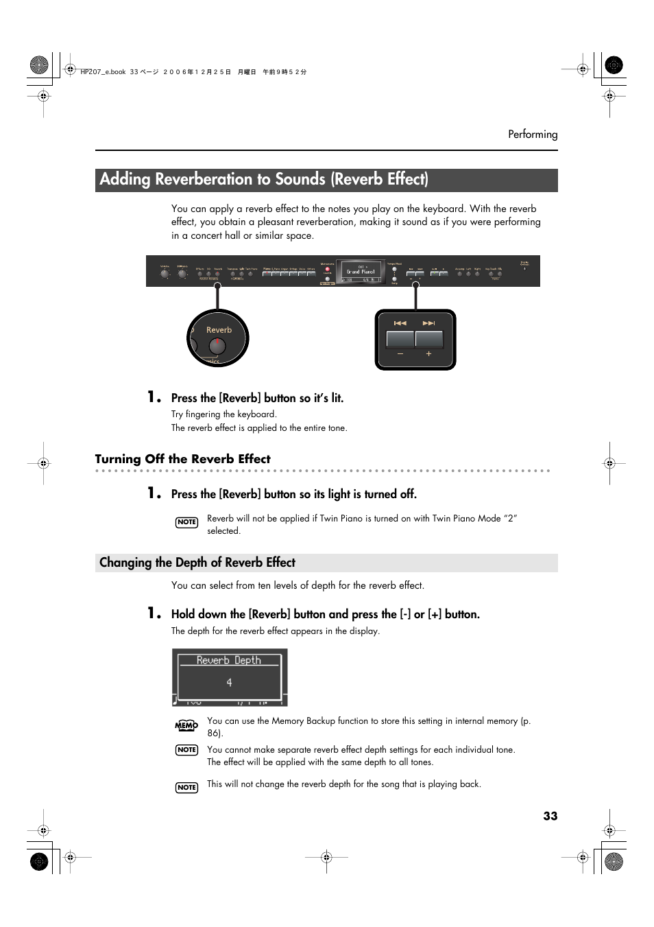 Adding reverberation to sounds (reverb effect), Changing the depth of reverb effect, When performing in a concert hall (p. 33) | Roland HP-207 User Manual | Page 35 / 120
