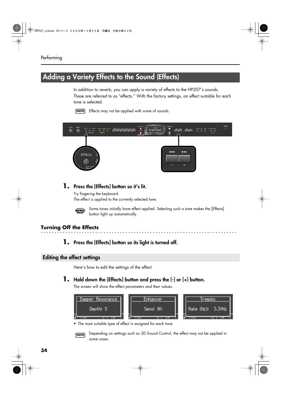 Adding a variety effects to the sound (effects), Editing the effect settings | Roland HP-207 User Manual | Page 36 / 120