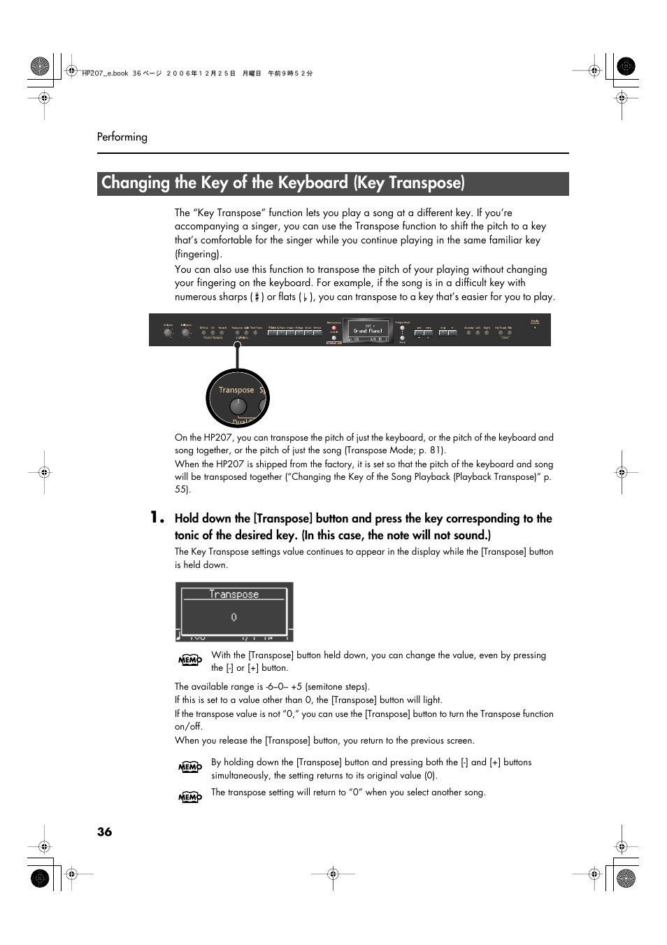 Changing the key of the keyboard (key transpose), Transposes the keyboard and/or song (p. 36) | Roland HP-207 User Manual | Page 38 / 120