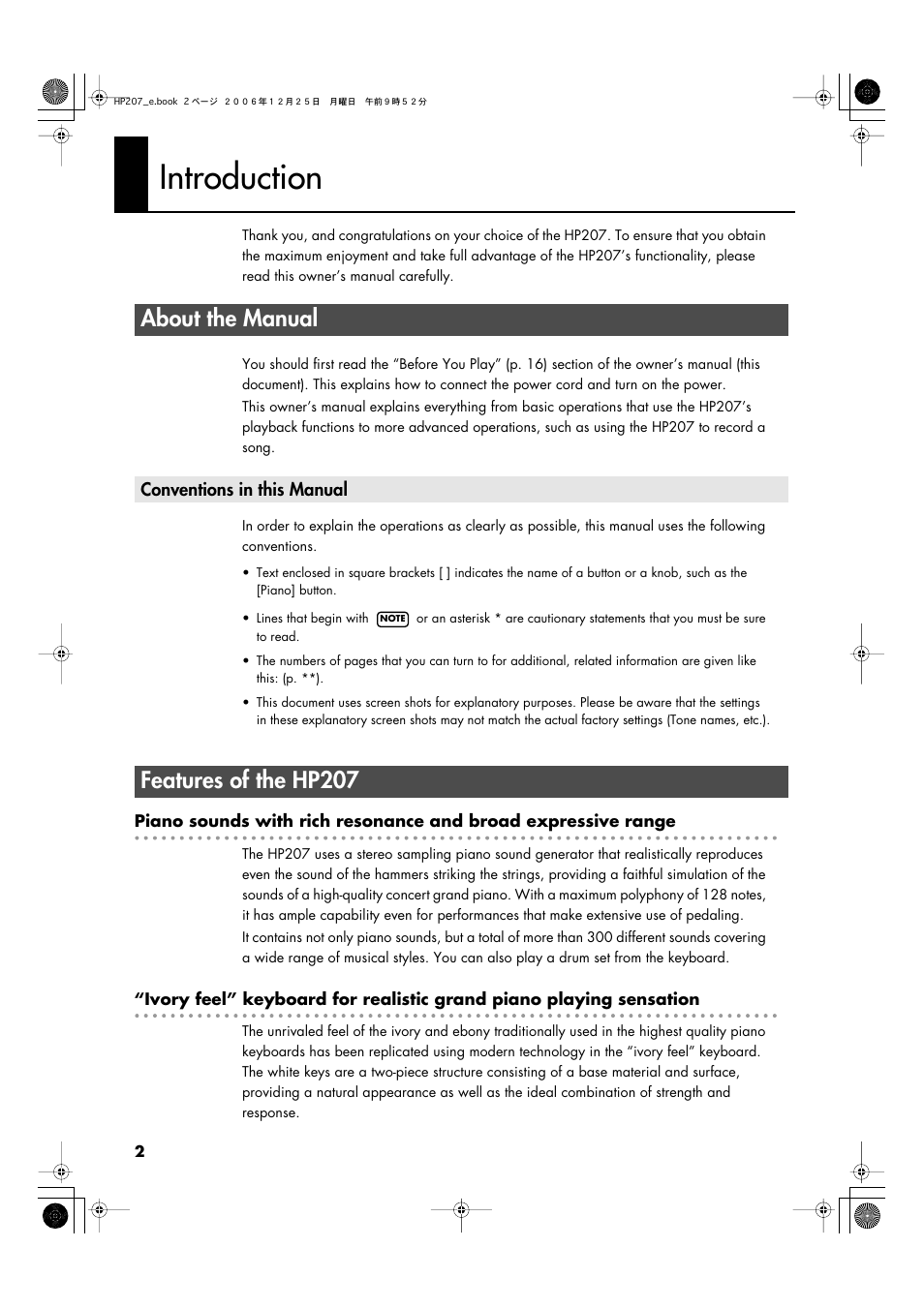 Introduction, About the manual, Conventions in this manual | Features of the hp207 | Roland HP-207 User Manual | Page 4 / 120