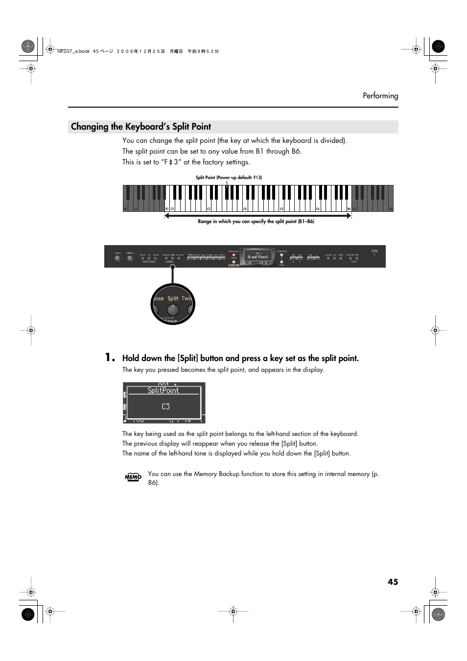 Changing the keyboard’s split point, 45 performing | Roland HP-207 User Manual | Page 47 / 120