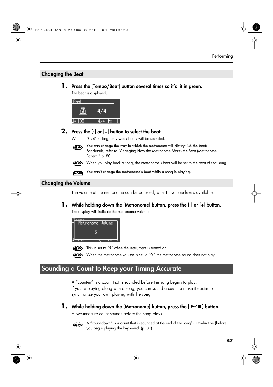 Changing the beat, Changing the volume, Sounding a count to keep your timing accurate | Changing the beat changing the volume, Song (p. 47) | Roland HP-207 User Manual | Page 49 / 120