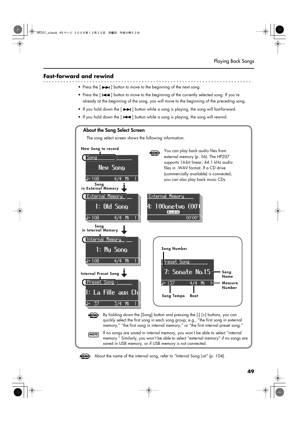 While the song select screen is displayed (p. 49), Fast-forward and rewind | Roland HP-207 User Manual | Page 51 / 120
