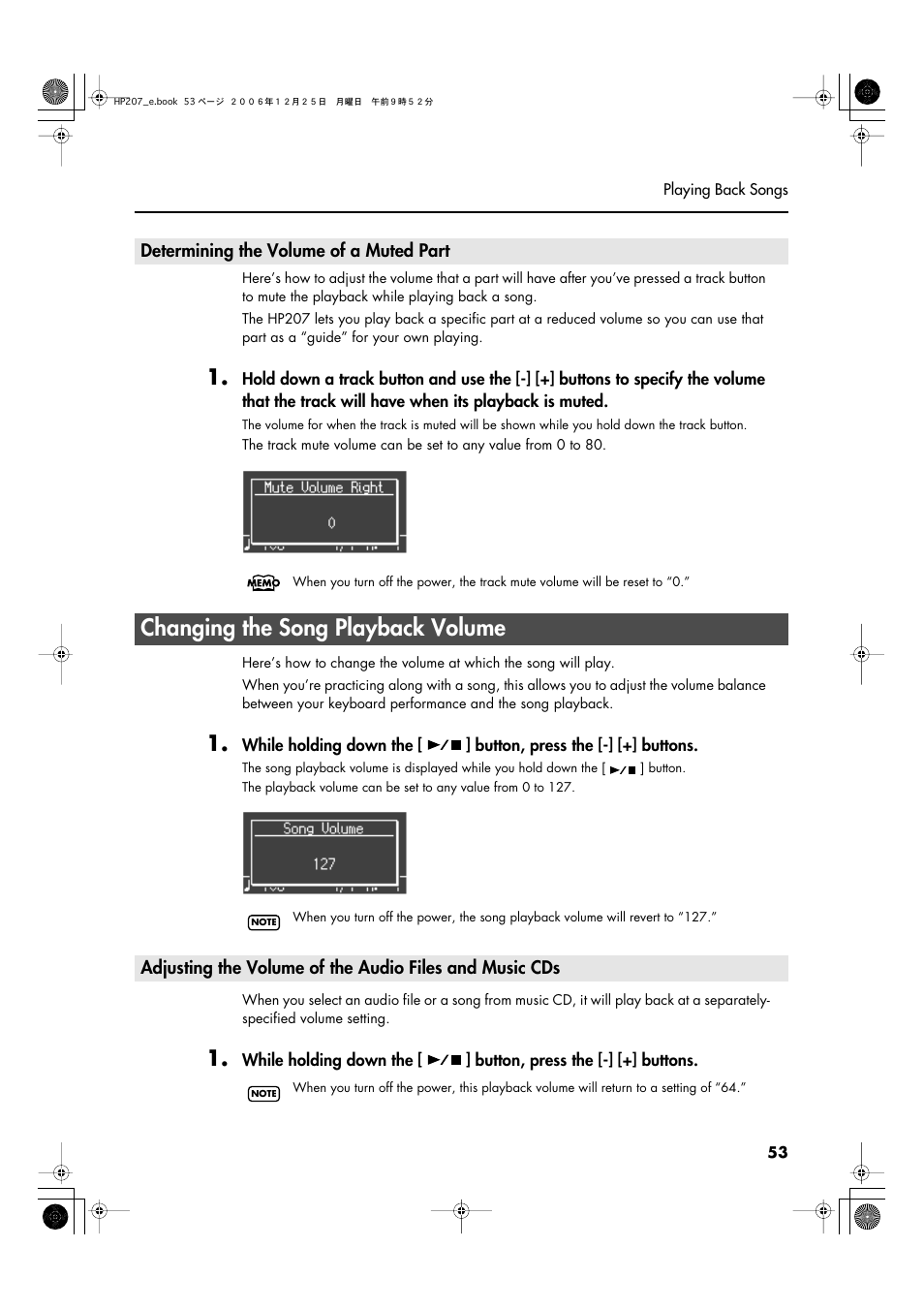 Determining the volume of a muted part, Changing the song playback volume | Roland HP-207 User Manual | Page 55 / 120