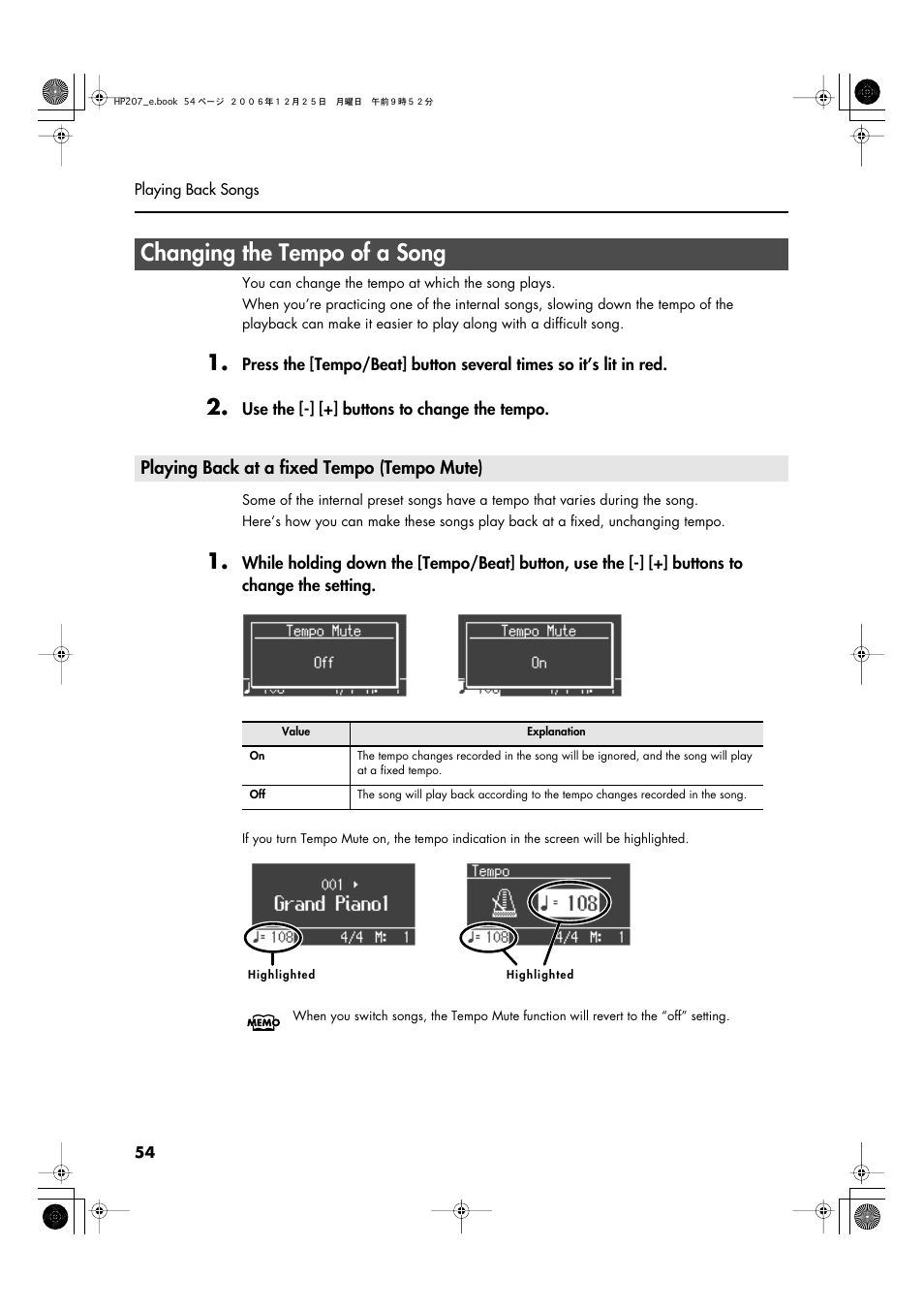 Changing the tempo of a song, Playing back at a fixed tempo (tempo mute) | Roland HP-207 User Manual | Page 56 / 120