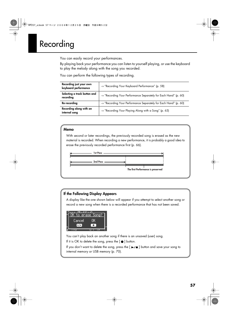 Recording, Performance (p. 57), Hp207 (p. 57) | Recording (p. 57) | Roland HP-207 User Manual | Page 59 / 120