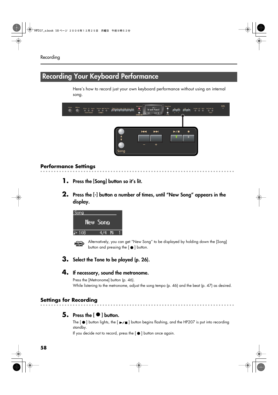 Recording your keyboard performance, Recording your keyboard performance” (p. 58) | Roland HP-207 User Manual | Page 60 / 120