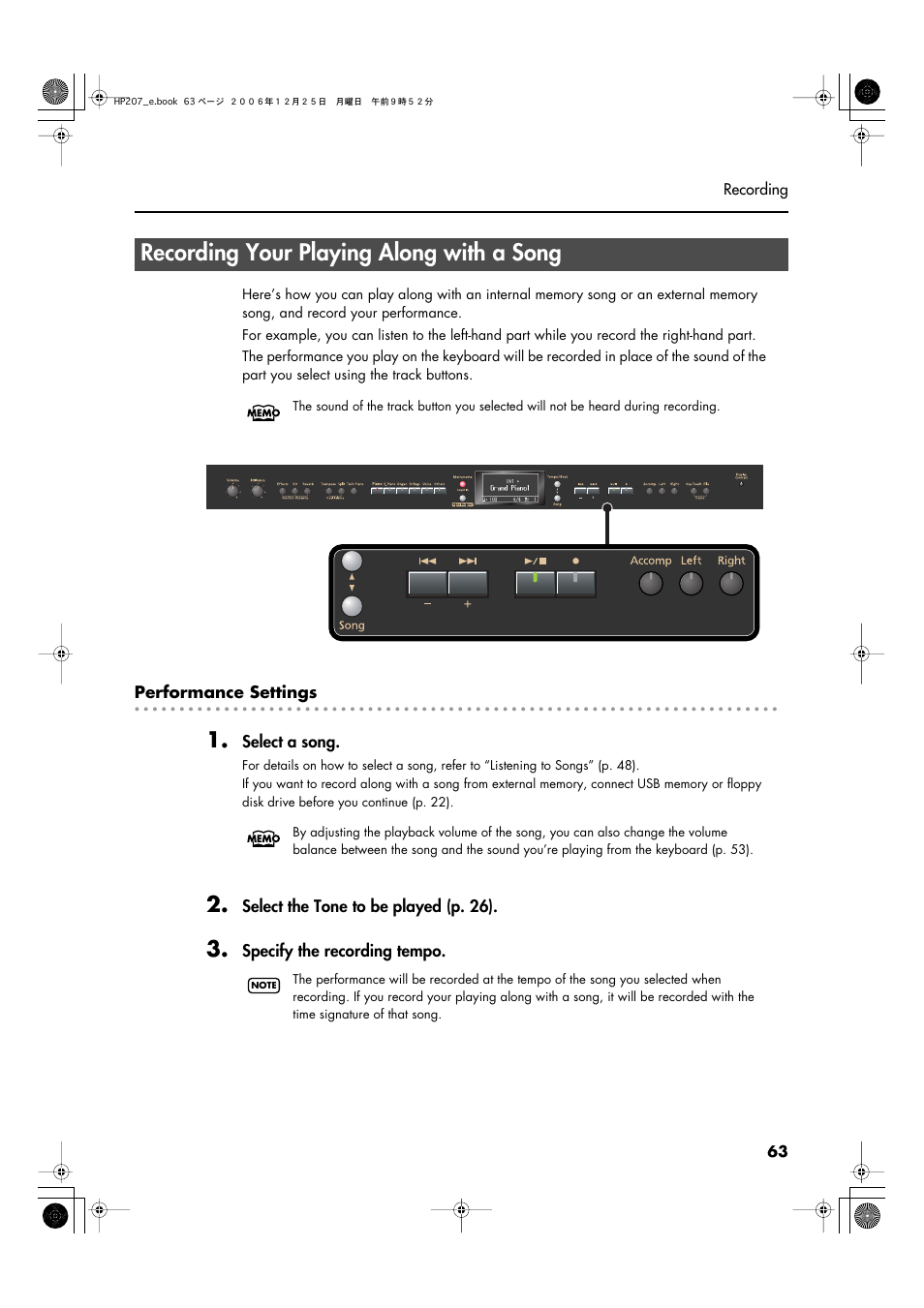 Recording your playing along with a song, Recording your playing along with a song” (p. 63) | Roland HP-207 User Manual | Page 65 / 120