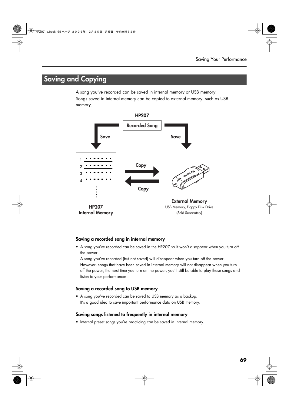 Saving and copying | Roland HP-207 User Manual | Page 71 / 120