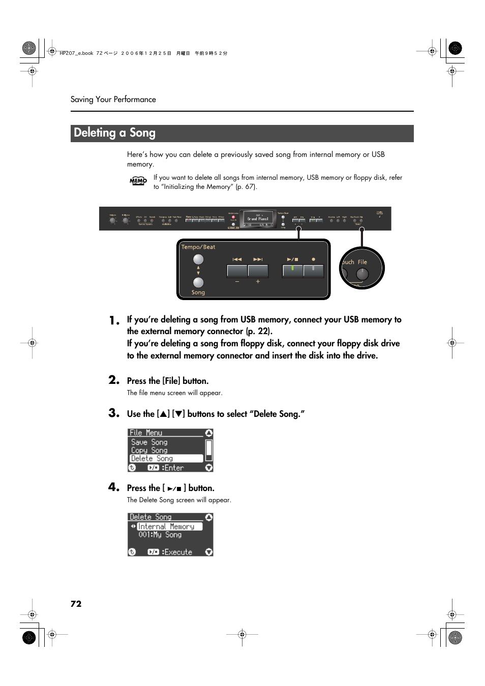 Deleting a song | Roland HP-207 User Manual | Page 74 / 120