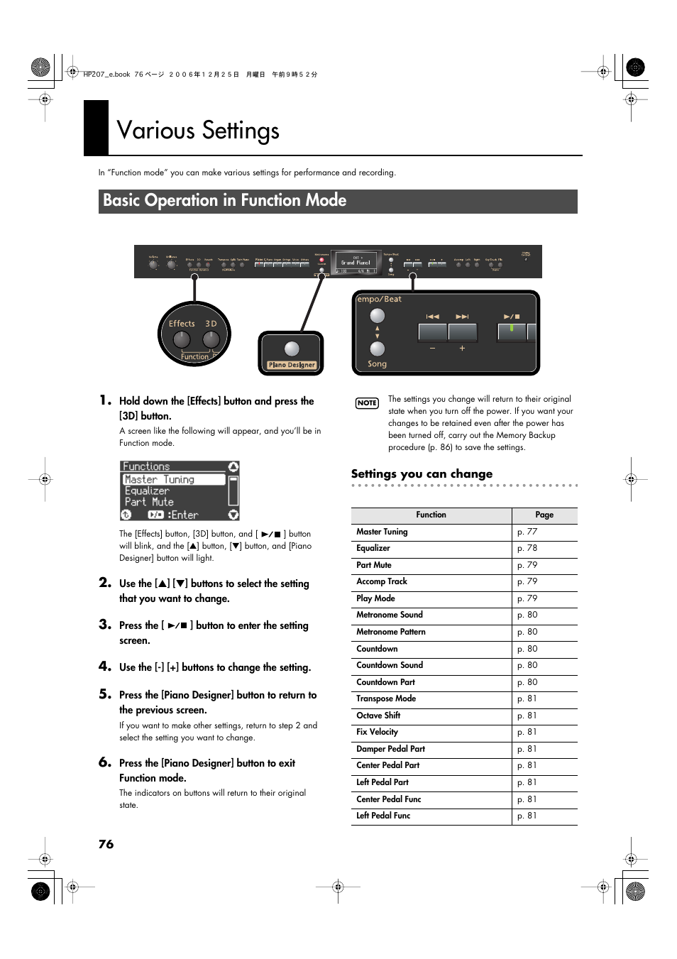 Various settings, Basic operation in function mode | Roland HP-207 User Manual | Page 78 / 120