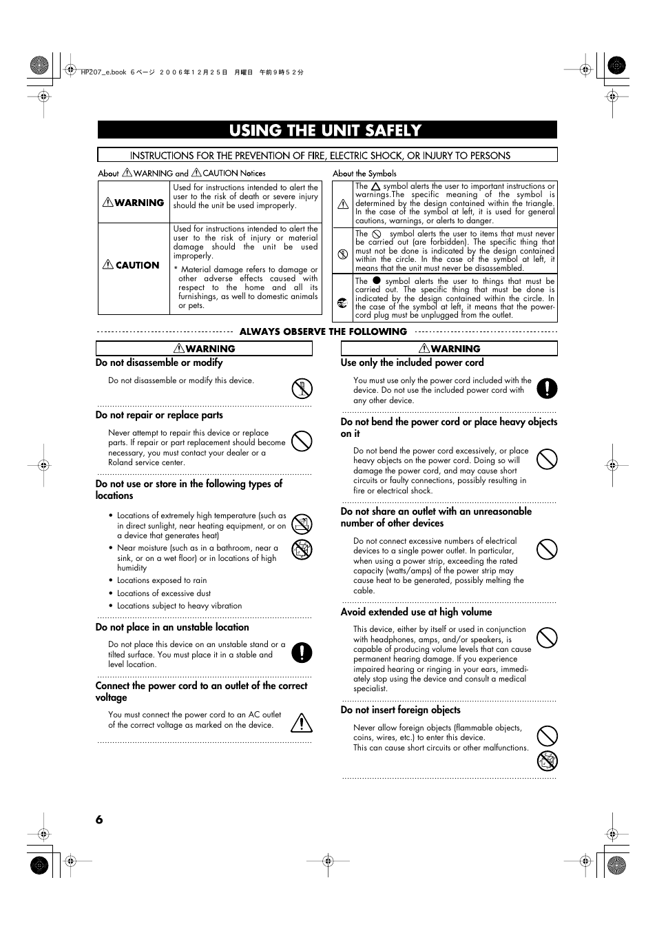 Using the unit safely | Roland HP-207 User Manual | Page 8 / 120