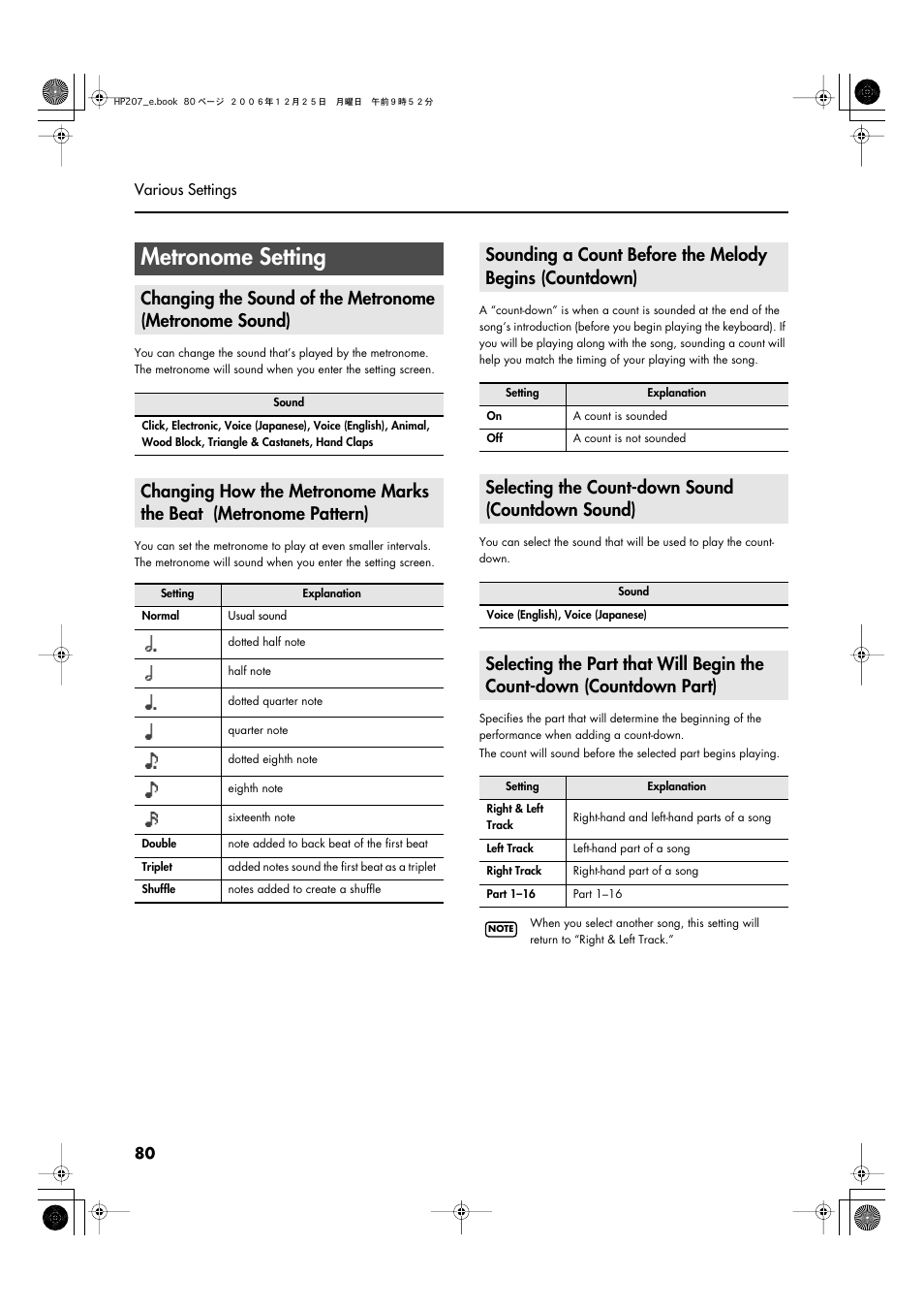 Selecting the count-down sound (countdown sound), Metronome setting, P. 80 | Roland HP-207 User Manual | Page 82 / 120