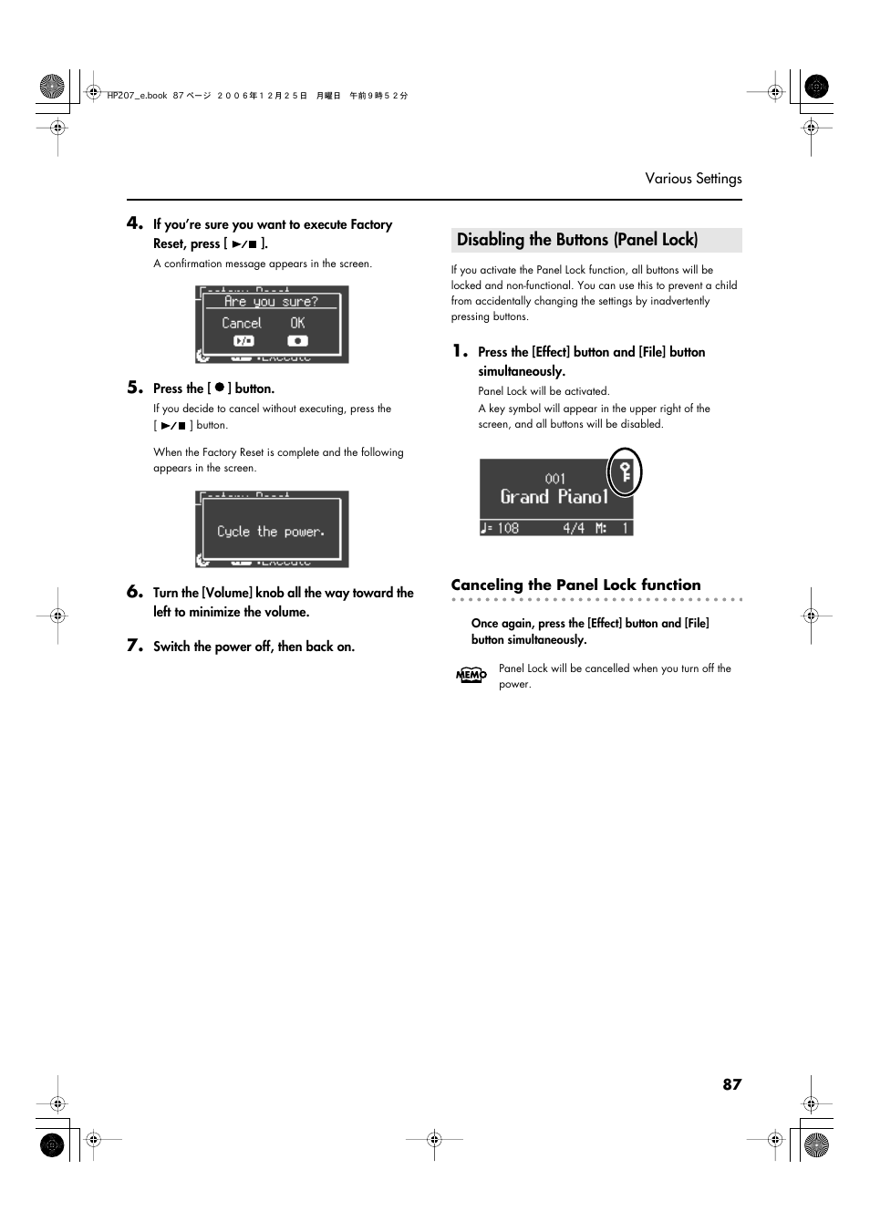 Disabling the buttons (panel lock), P. 87 | Roland HP-207 User Manual | Page 89 / 120