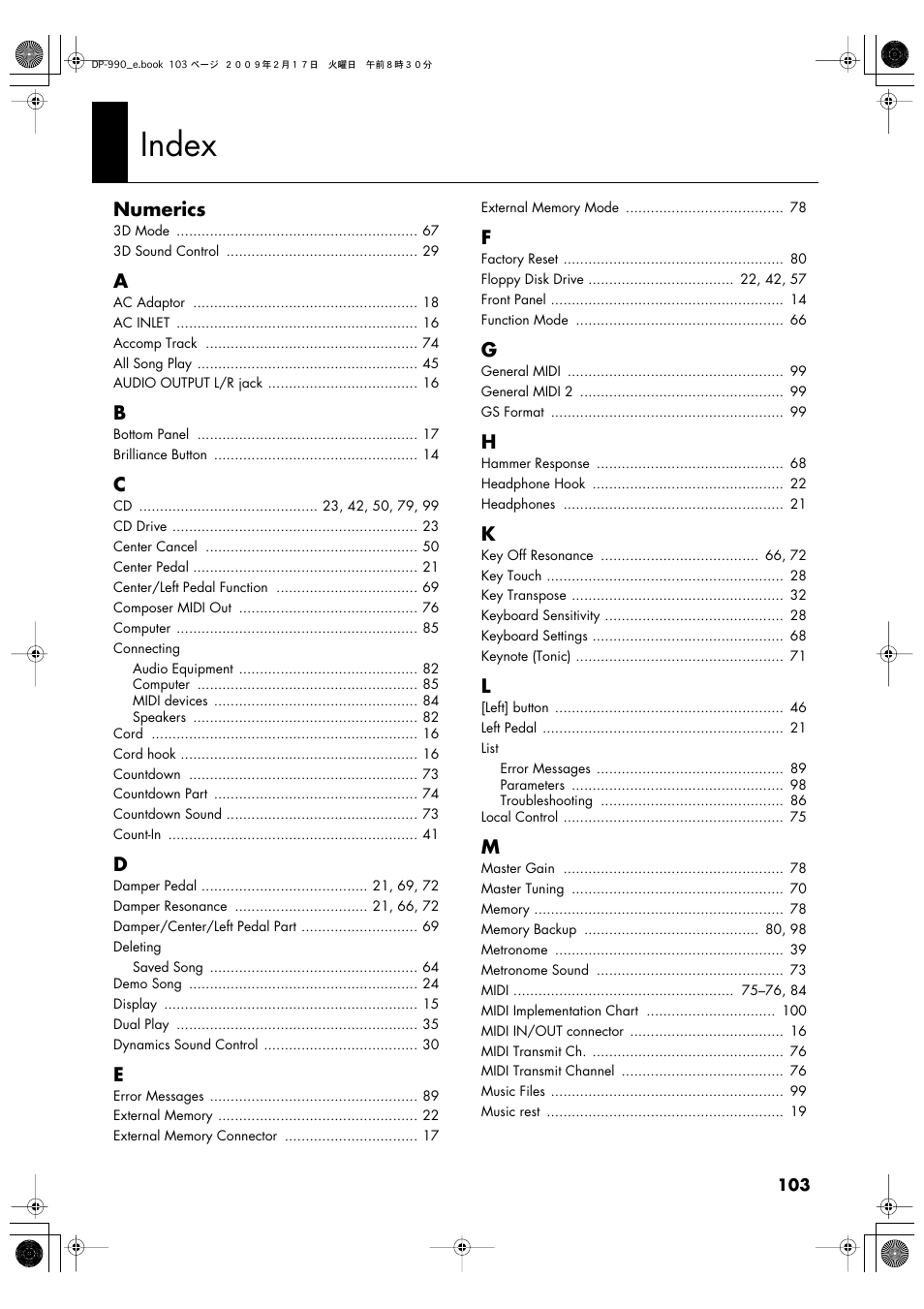 Index | Roland DP-990 User Manual | Page 103 / 108