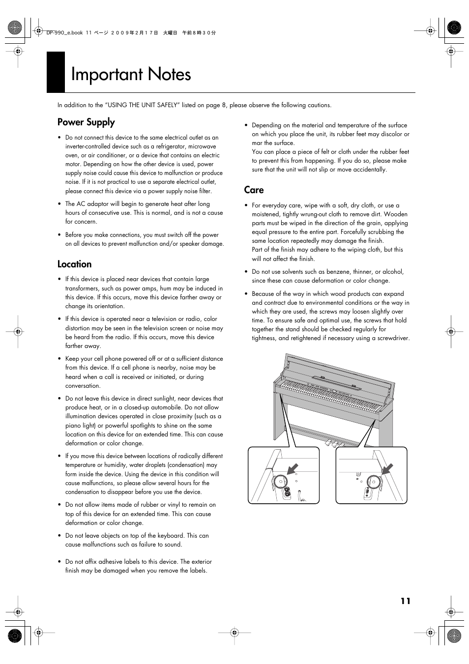 Important notes, Power supply, Location | Care | Roland DP-990 User Manual | Page 11 / 108