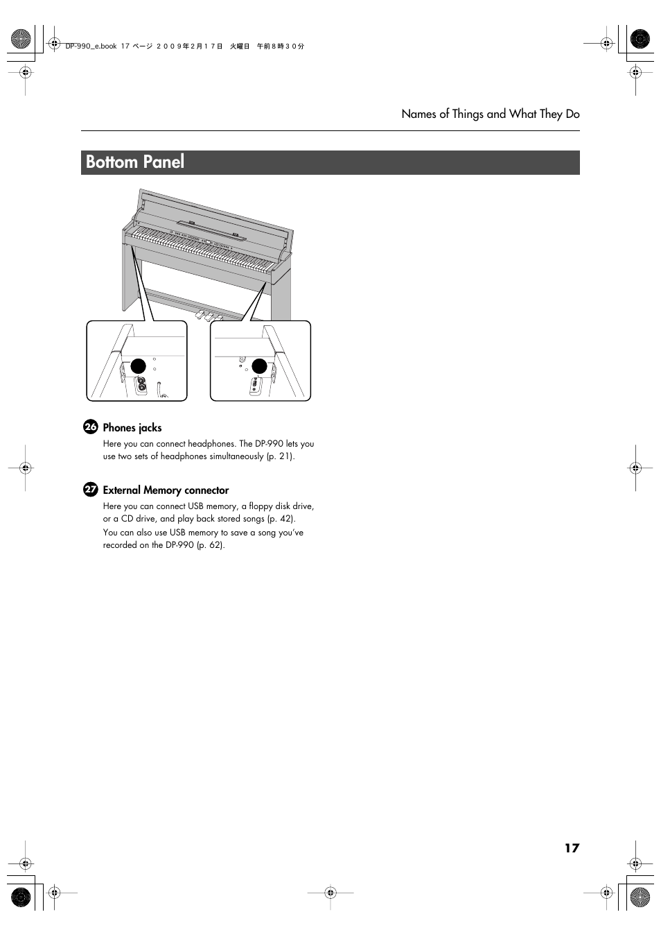 Bottom panel, Bottom panel (front left) | Roland DP-990 User Manual | Page 17 / 108