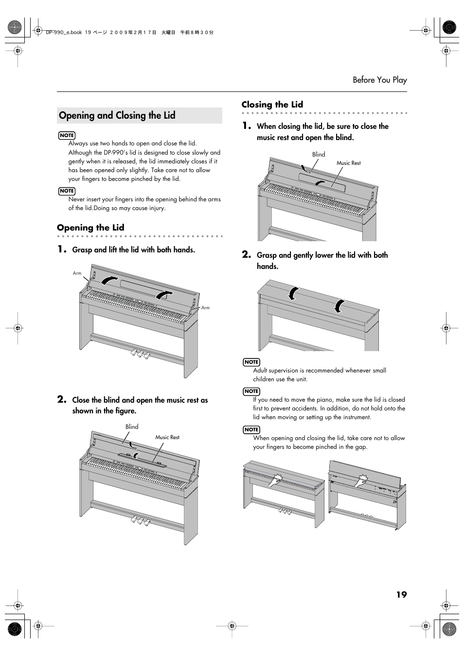 Opening and closing the lid | Roland DP-990 User Manual | Page 19 / 108