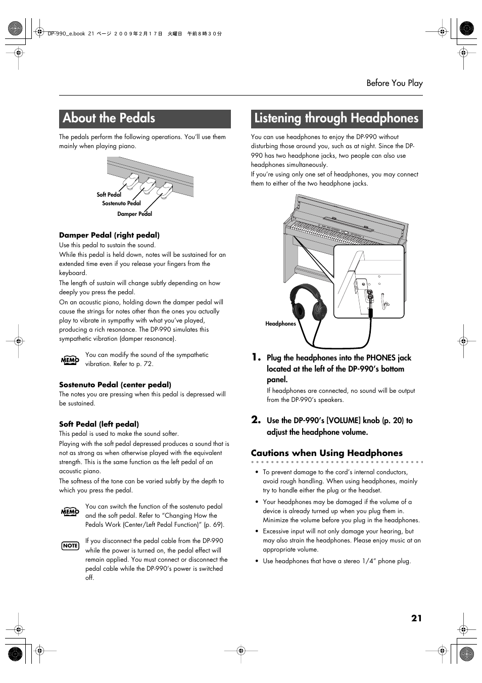 About the pedals, Listening through headphones, Headphone volume (p. 21) | Roland DP-990 User Manual | Page 21 / 108