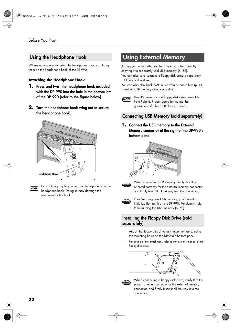 Using the headphone hook, Using external memory, Connecting usb memory (sold separately) | Installing the floppy disk drive (sold separately) | Roland DP-990 User Manual | Page 22 / 108