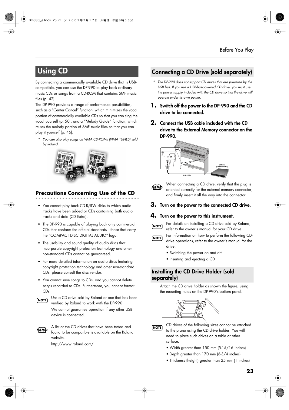 Using cd, Connecting a cd drive (sold separately), Installing the cd drive holder (sold separately) | Nstalling the cd drive holder (sold separately) | Roland DP-990 User Manual | Page 23 / 108