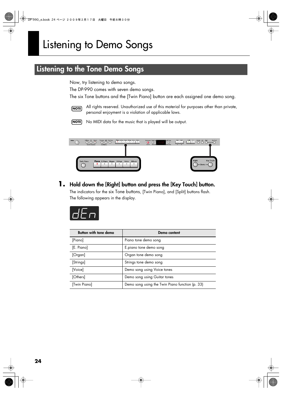 Listening to demo songs, Listening to the tone demo songs | Roland DP-990 User Manual | Page 24 / 108